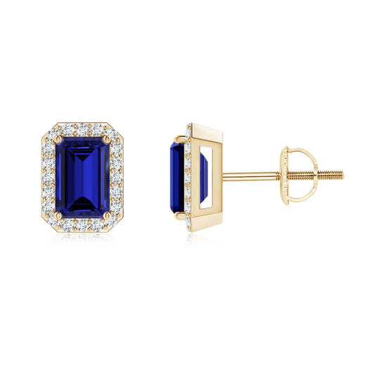 EMERALD-CUT SAPPHIRE STUD EARRINGS WITH DIAMOND HALO