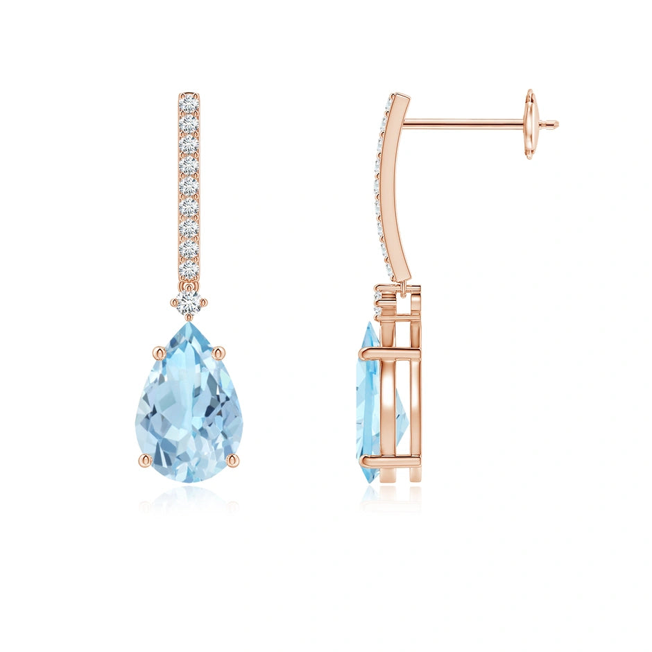 Solitaire Pear Aquamarine Drop Earrings with Diamonds