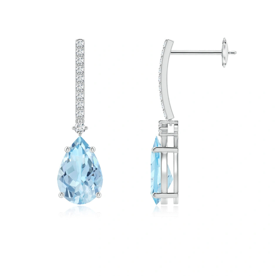 Solitaire Pear Aquamarine Drop Earrings with Diamonds