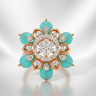 Turquoise and rose gold ring with diamond accents on a gradient background, lab grown diamond in hyderabad