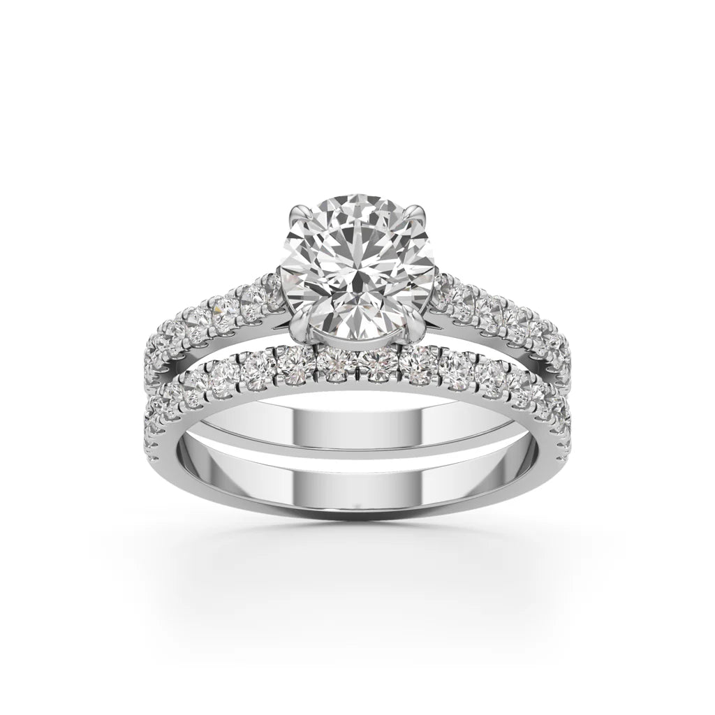 Round Diamond with Double Pave Band Wedding Set