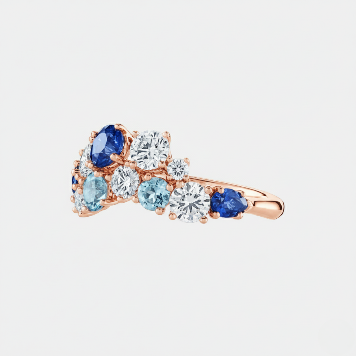 Sparkling Cluster Sapphire, Aquamarine and Diamond Ring