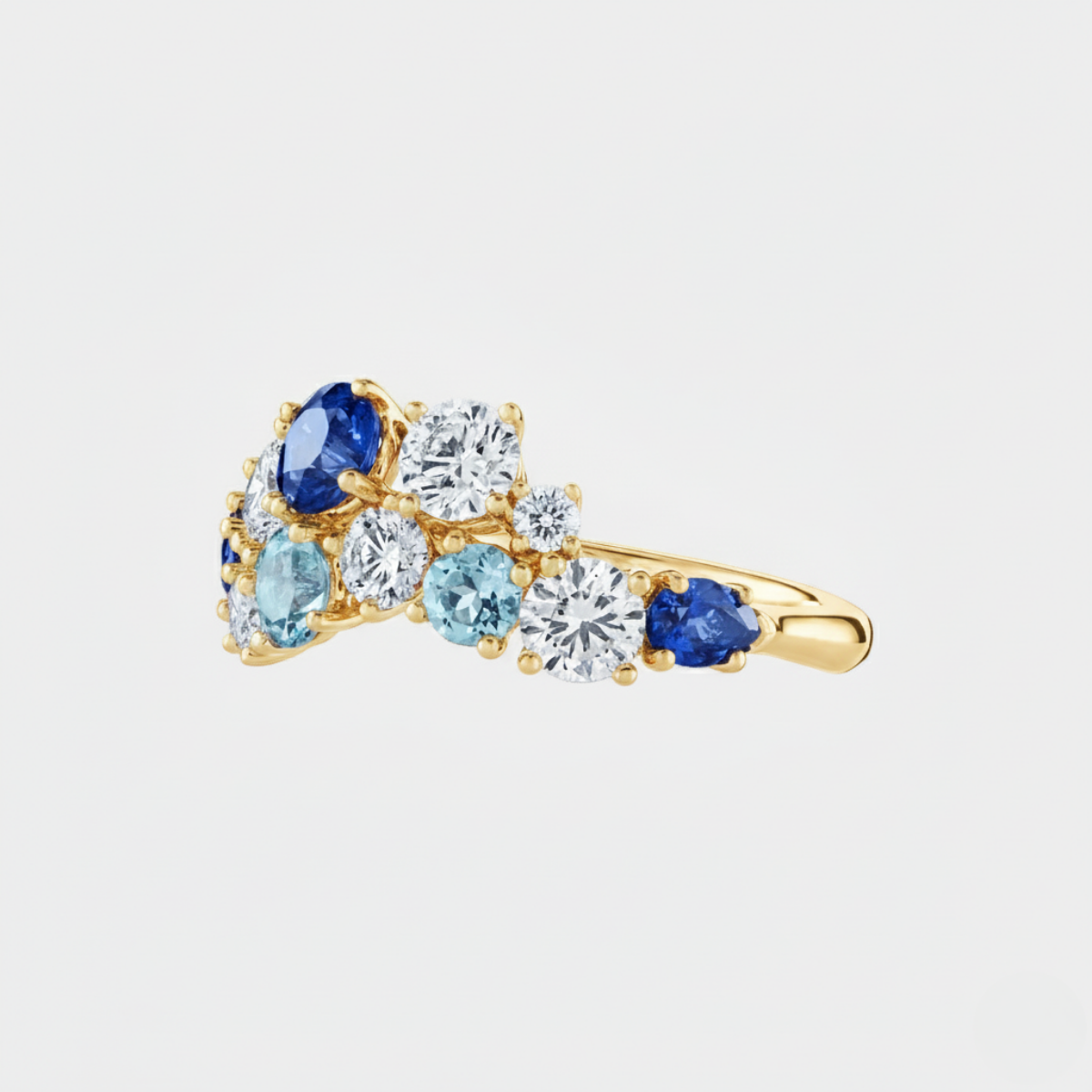Sparkling Cluster Sapphire, Aquamarine and Diamond Ring