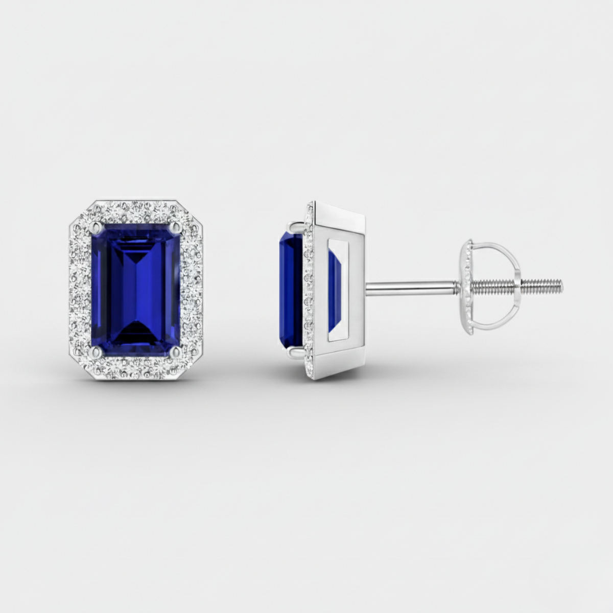 EMERALD-CUT SAPPHIRE STUD EARRINGS WITH DIAMOND HALO