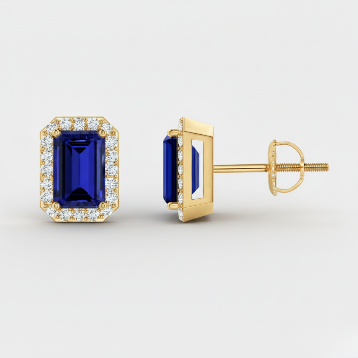 EMERALD-CUT SAPPHIRE STUD EARRINGS WITH DIAMOND HALO