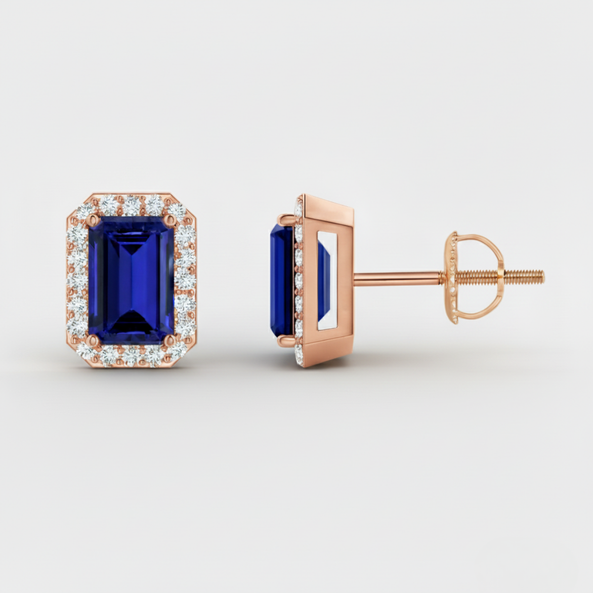 EMERALD-CUT SAPPHIRE STUD EARRINGS WITH DIAMOND HALO