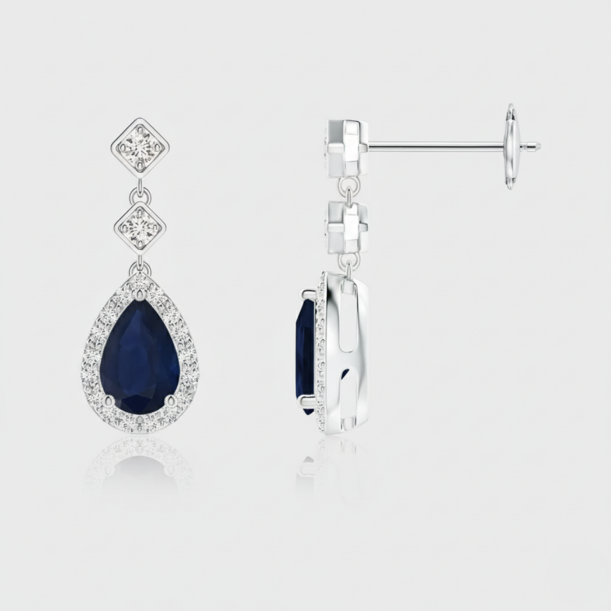 Pear Blue Sapphire Drop Earrings with Diamond Halo