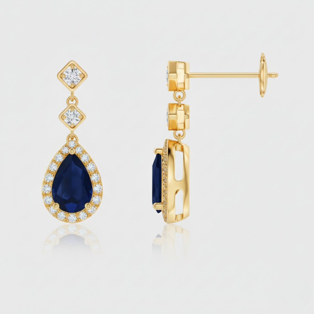 Pear Blue Sapphire Drop Earrings with Diamond Halo