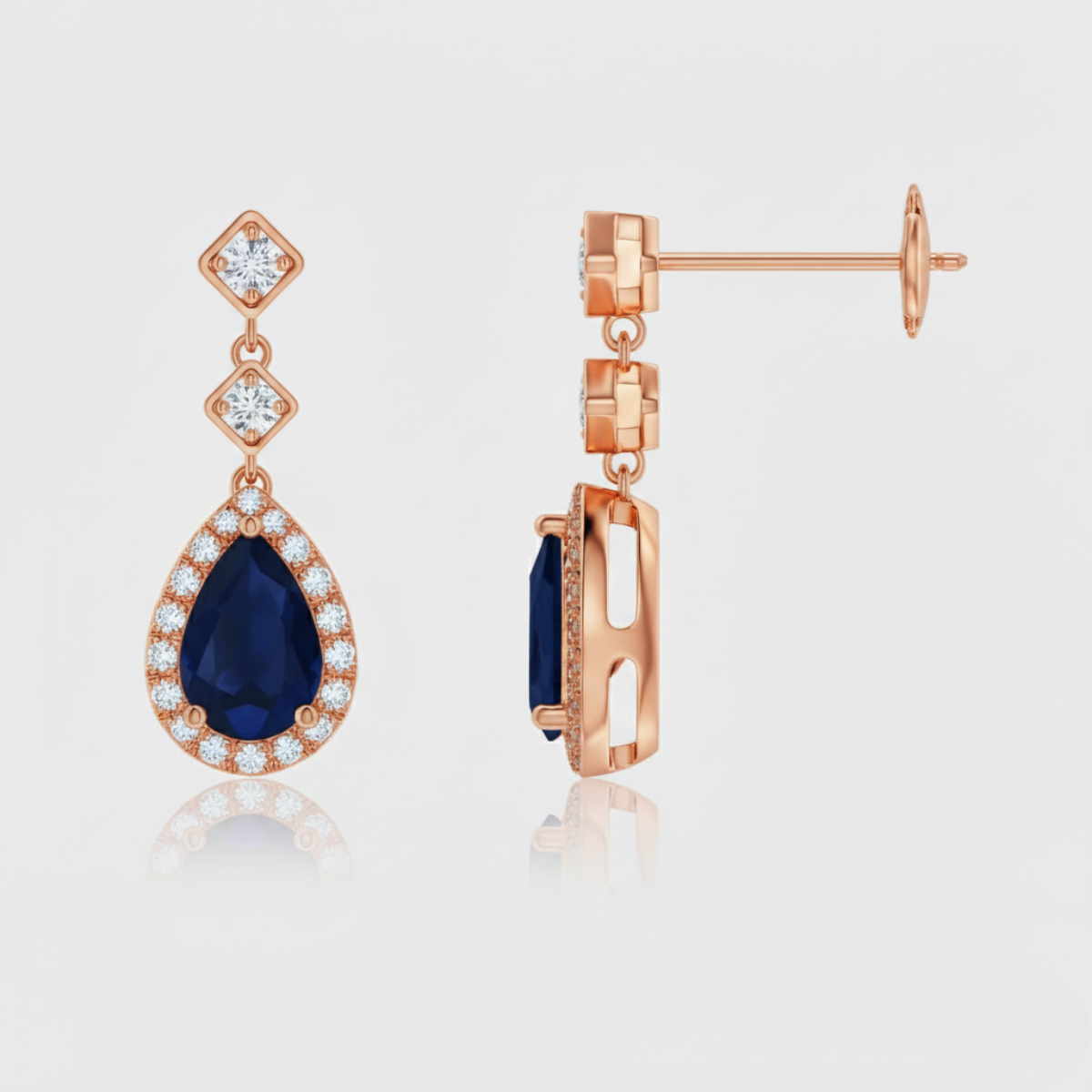 Pear Blue Sapphire Drop Earrings with Diamond Halo