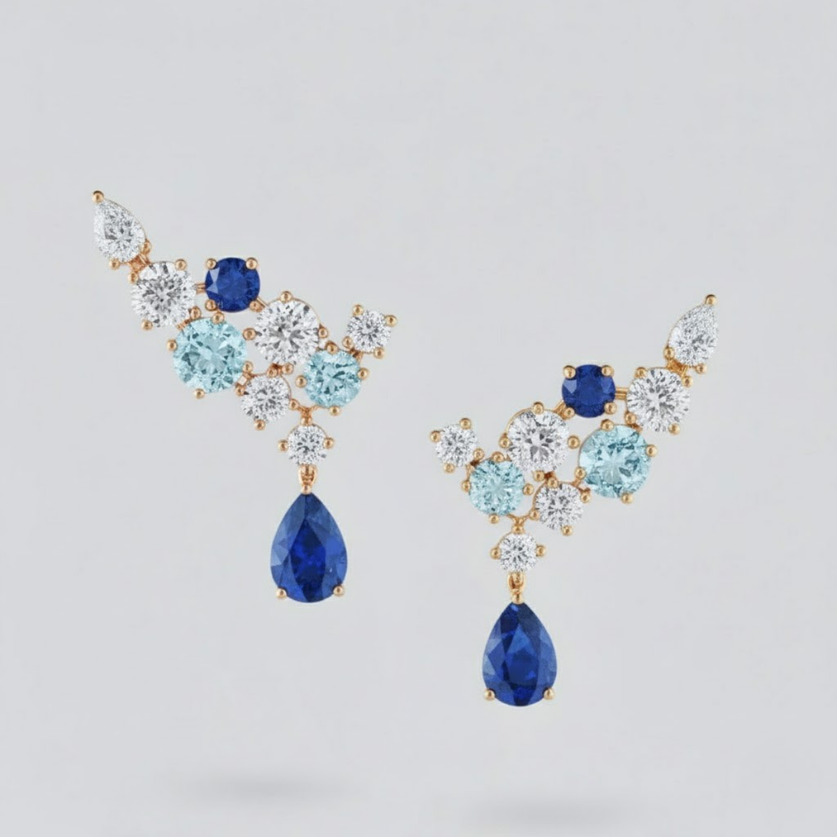 Sparkling Cluster Sapphire, Aquamarine and Diamond Earrings