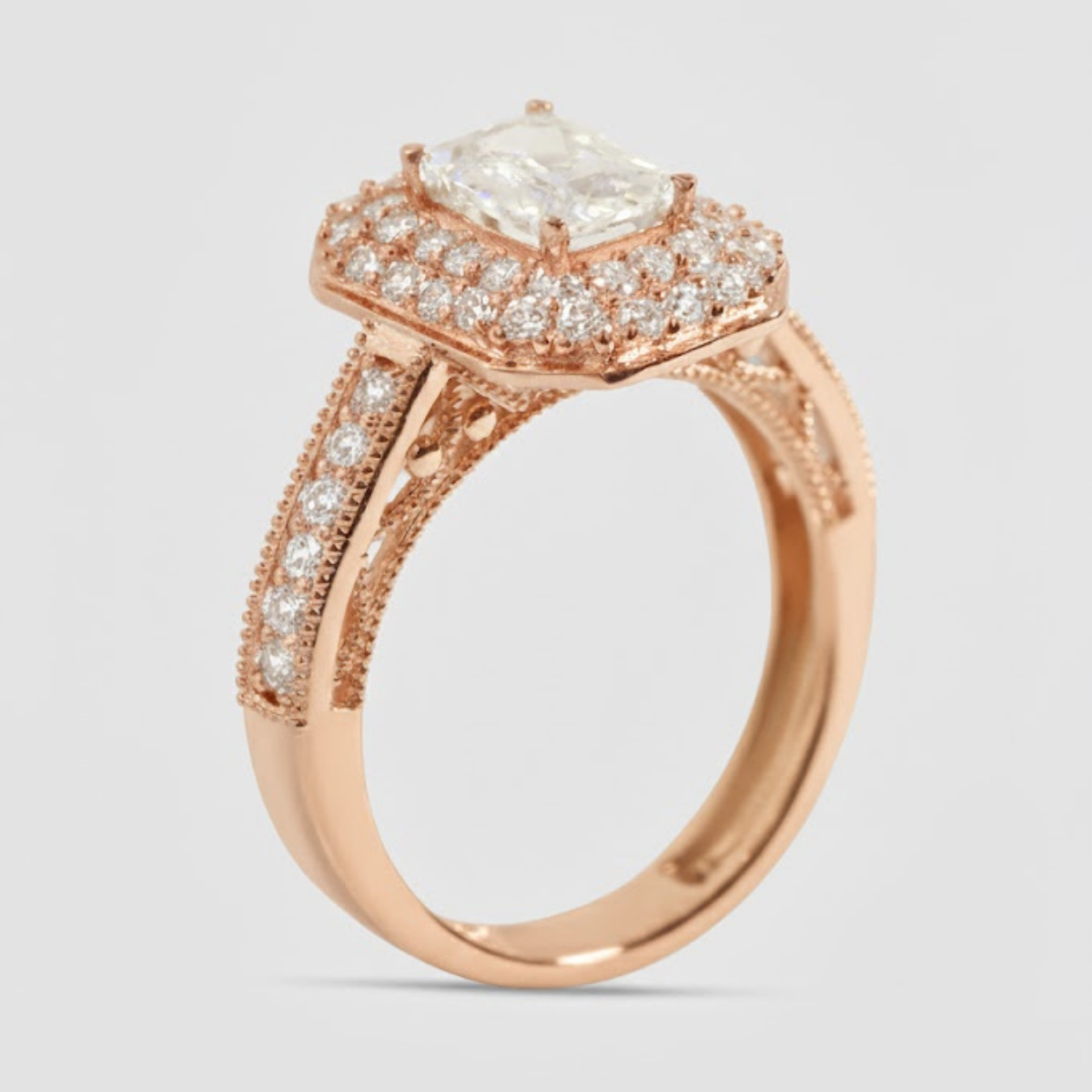 Celestina Double Studded Halo & Pave Ring with Emerald Solitaire