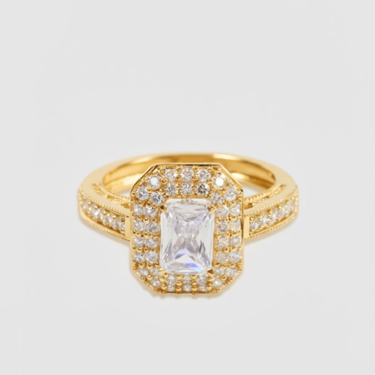 Celestina Double Studded Halo & Pave Ring with Emerald Solitaire