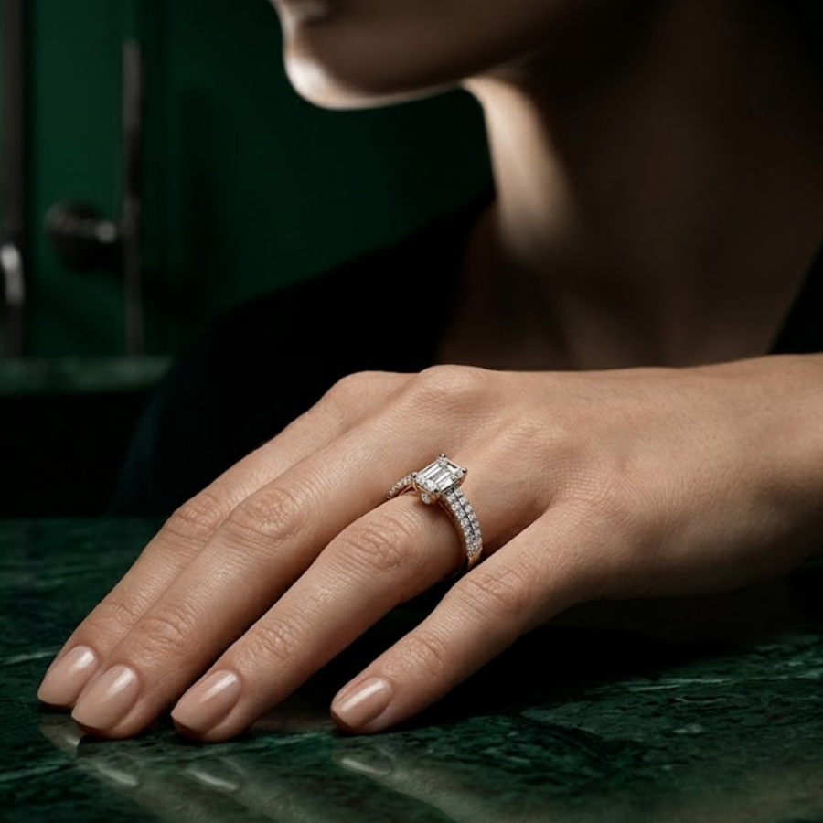 Emerald Cut Solitaire Pavé Ring