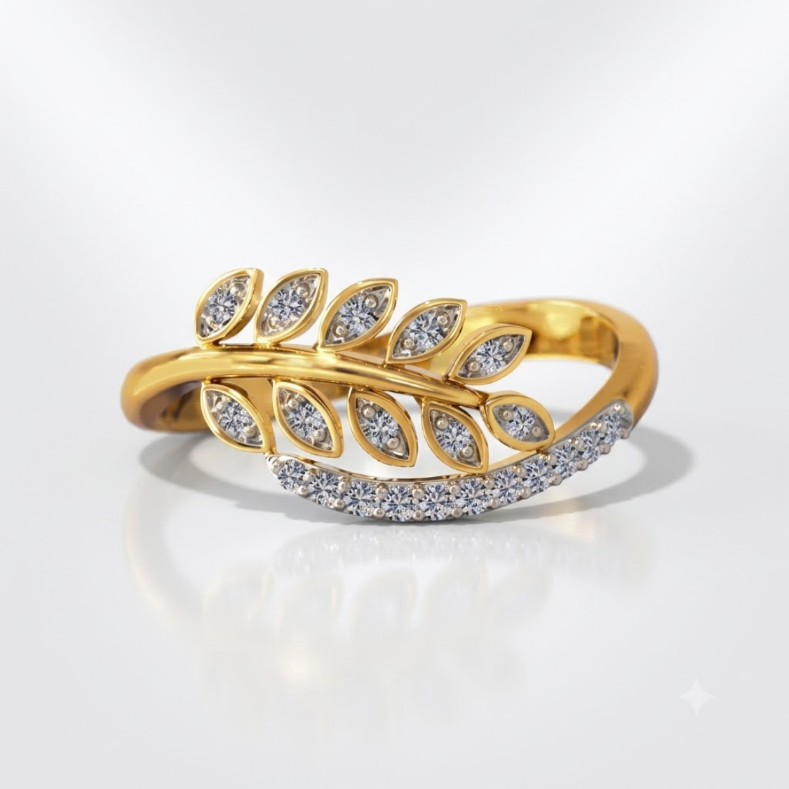 18K Gold Glinting Leaves Diamond Ring