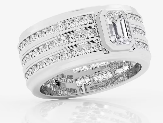 Emerald Diamond Men's Three Row Eternity Band