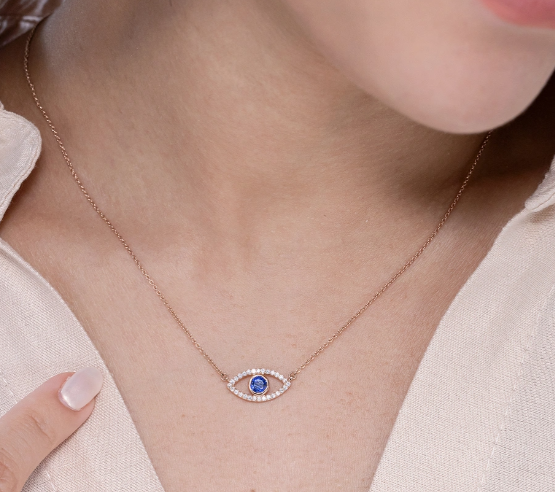 Blue Sapphire Evil Eye Pendant with Diamond Accents with Chain