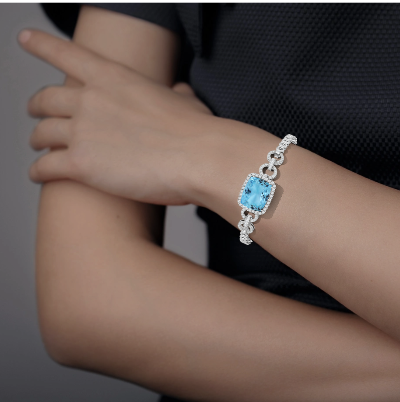 Rectangular Cushion Aquamarine Multi-Link Bracelet With Halo