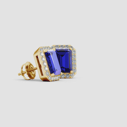 EMERALD-CUT SAPPHIRE STUD EARRINGS WITH DIAMOND HALO