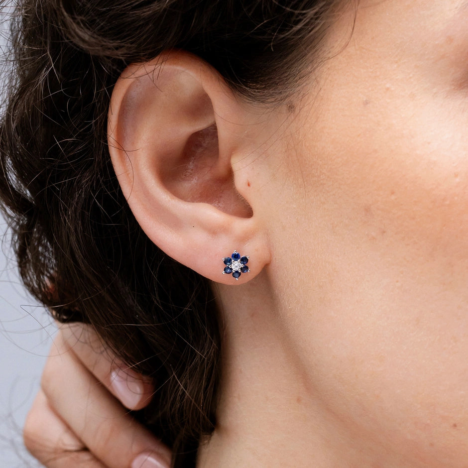 Six Petal Diamond and Sapphire Flower Stud Earrings