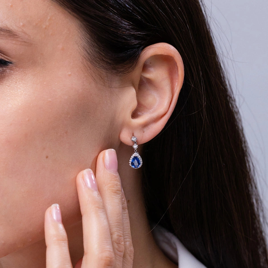 Pear Blue Sapphire Drop Earrings with Diamond Halo