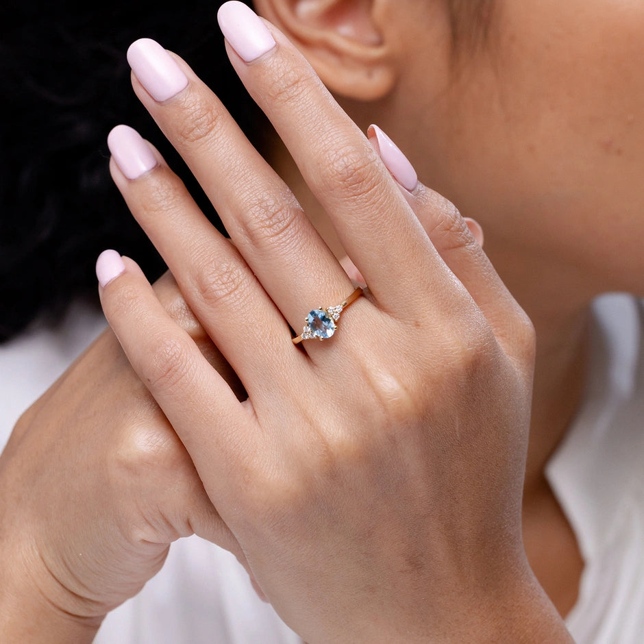 Oval Aquamarine and Diamond Promise Ring