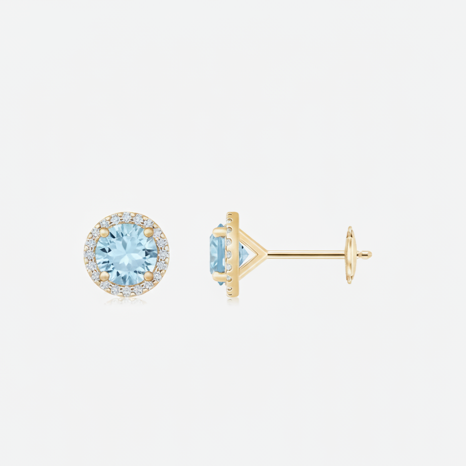 Classic Aquamarine and Diamond Halo Stud Earrings