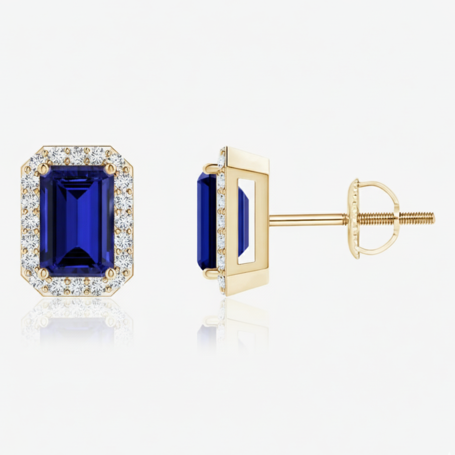 EMERALD-CUT SAPPHIRE STUD EARRINGS WITH DIAMOND HALO