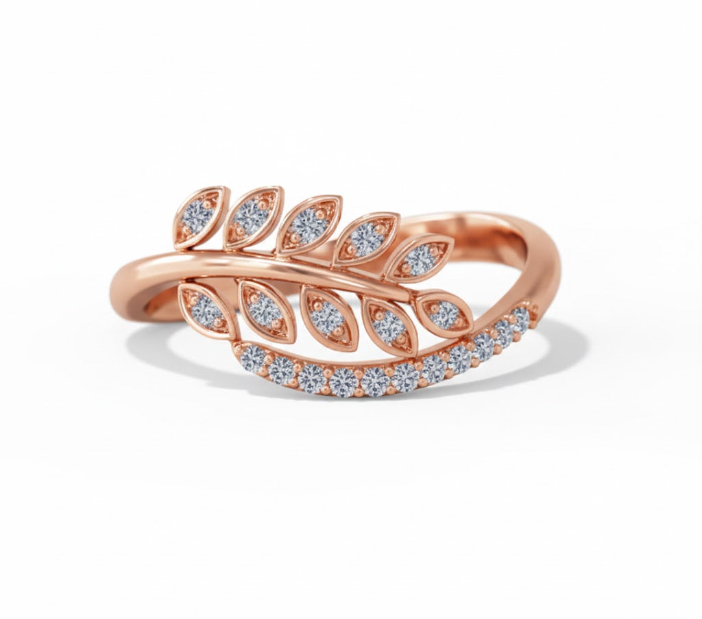 Rose gold ring with diamond leaf design on a white background, lab grown diamond in hyderabad