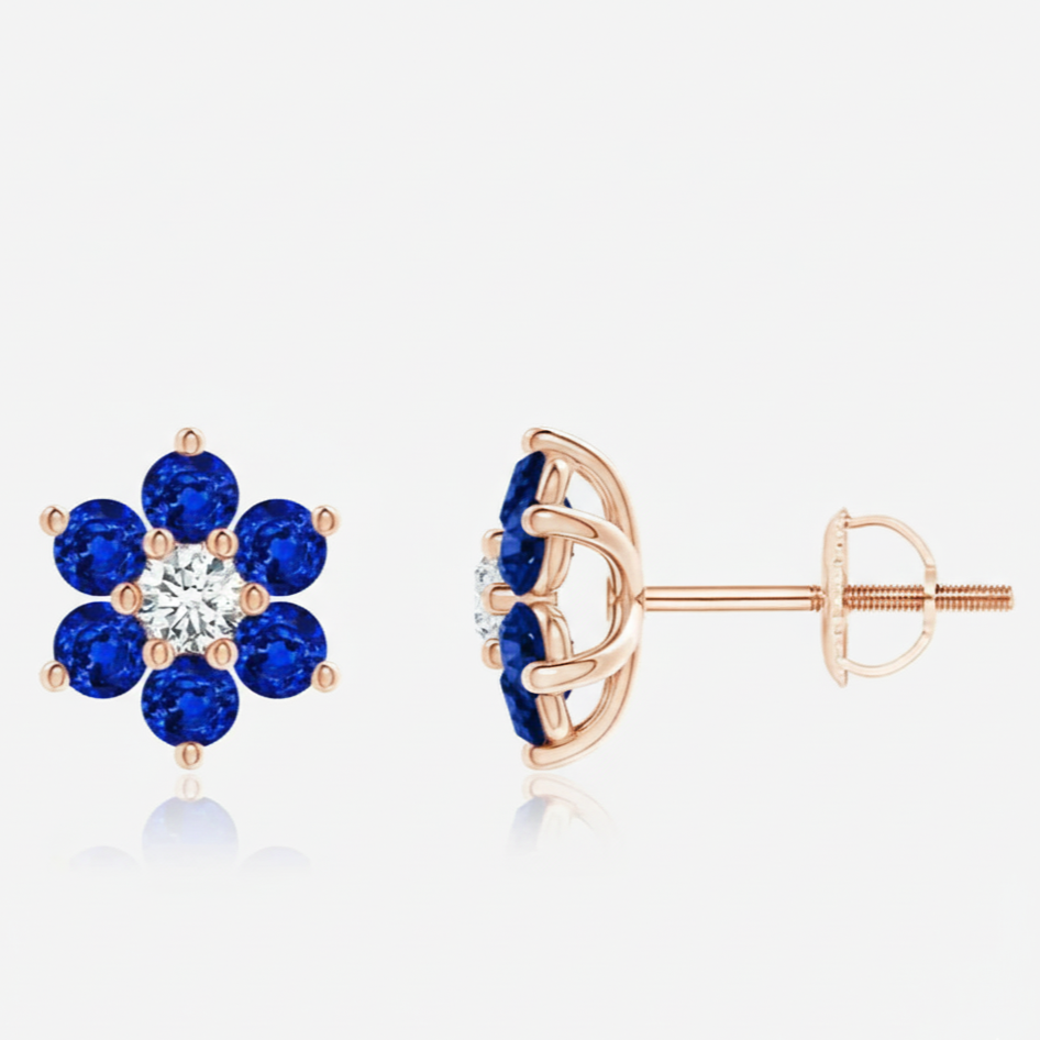 Six Petal Diamond and Sapphire Flower Stud Earrings