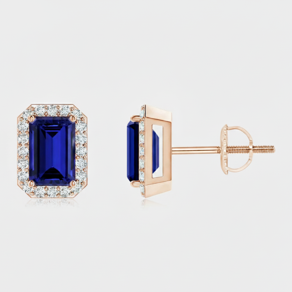 EMERALD-CUT SAPPHIRE STUD EARRINGS WITH DIAMOND HALO