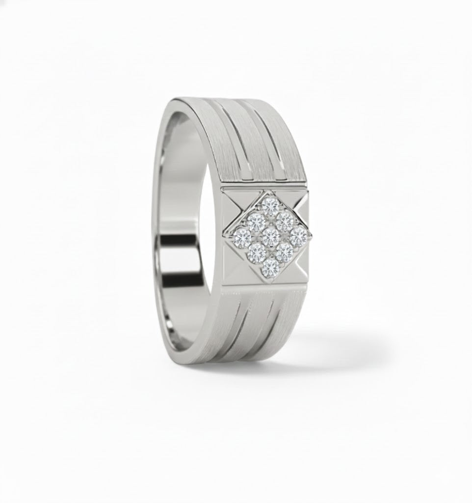 Silver ring with diamond accents on a white background, lab grown diamond in hyderabad