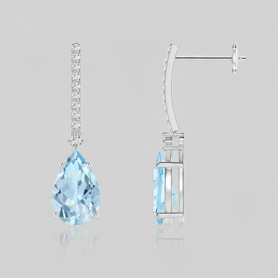 Solitaire Pear Aquamarine Drop Earrings with Diamonds