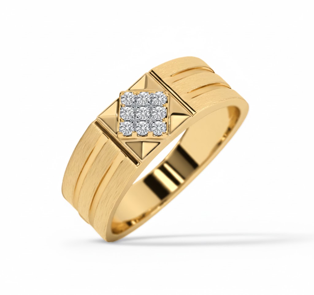 Gold ring with diamond-studded triangle design on a white background, lab grown diamond in hyderabad