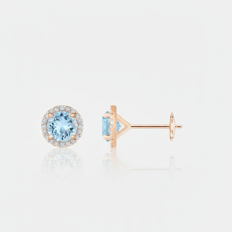 Classic Aquamarine and Diamond Halo Stud Earrings