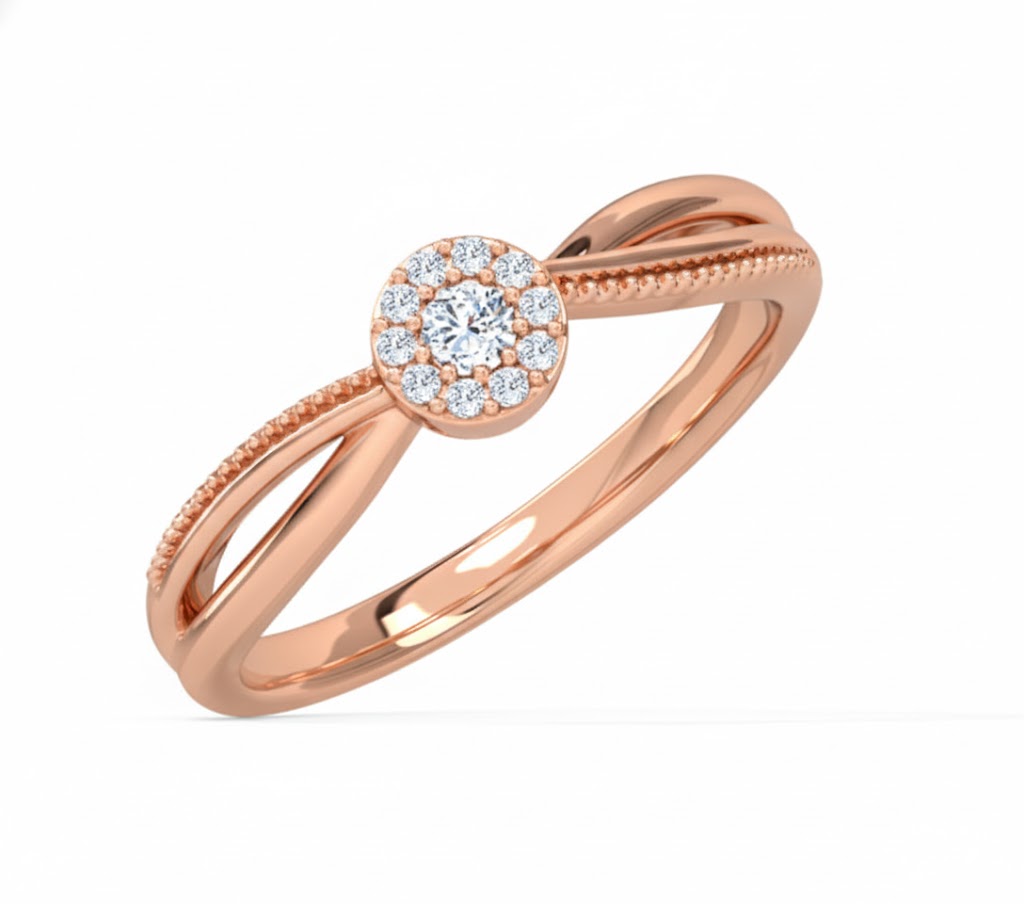 Rose gold ring with a diamond Halo on a white background, lab grown diamond in hyderabad