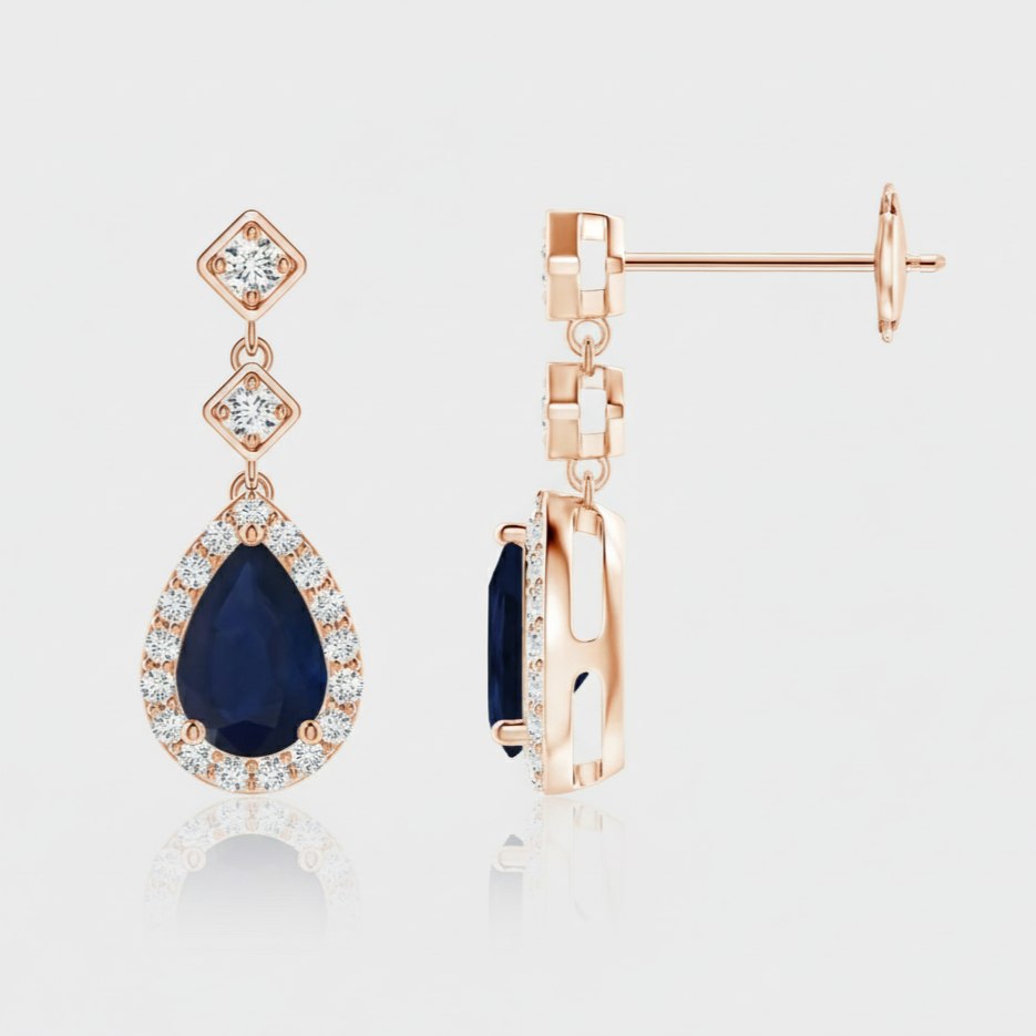 Pear Blue Sapphire Drop Earrings with Diamond Halo