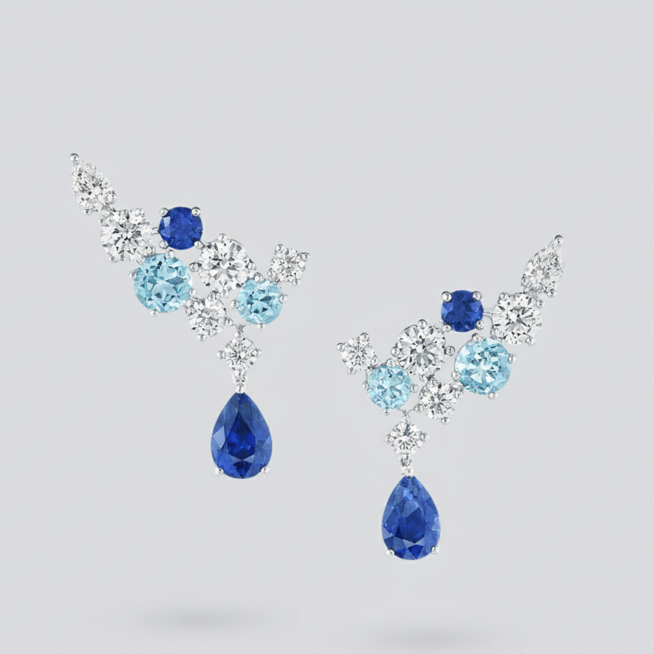 Sparkling Cluster Sapphire, Aquamarine and Diamond Earrings
