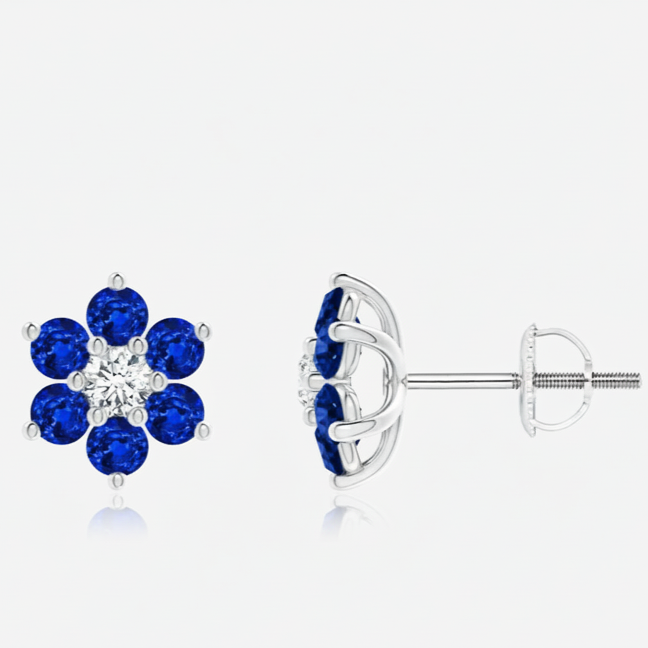 Six Petal Diamond and Sapphire Flower Stud Earrings