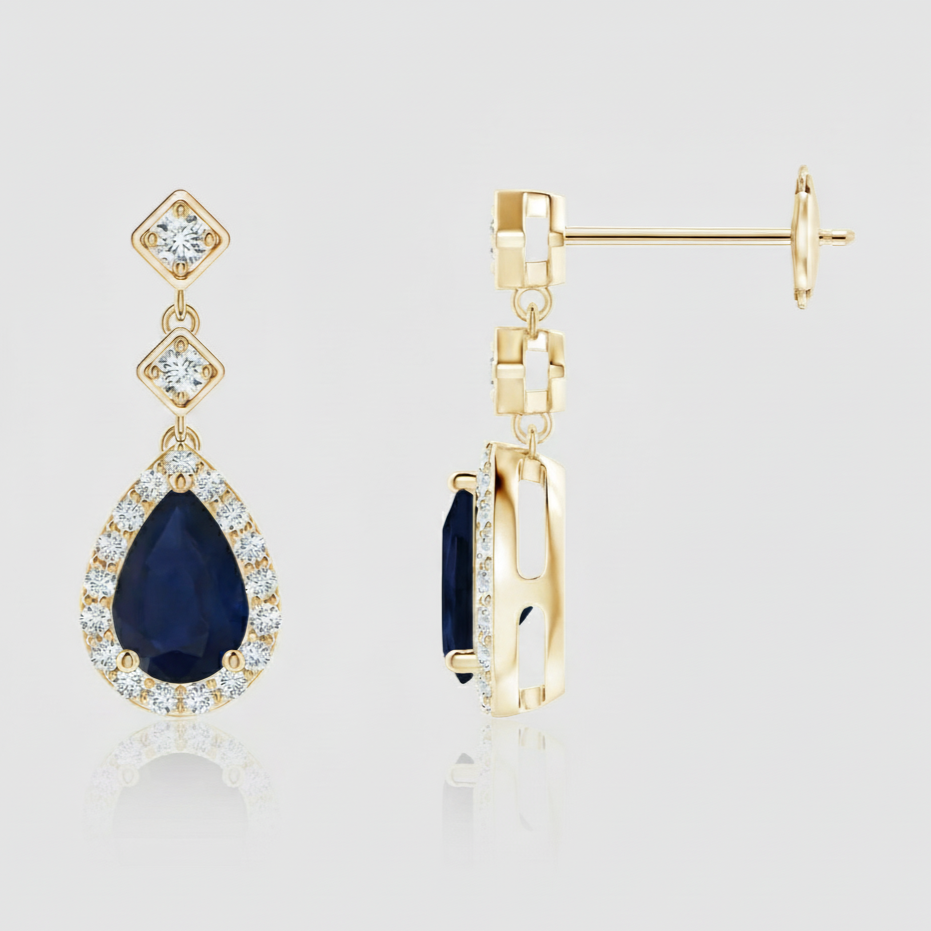 Pear Blue Sapphire Drop Earrings with Diamond Halo