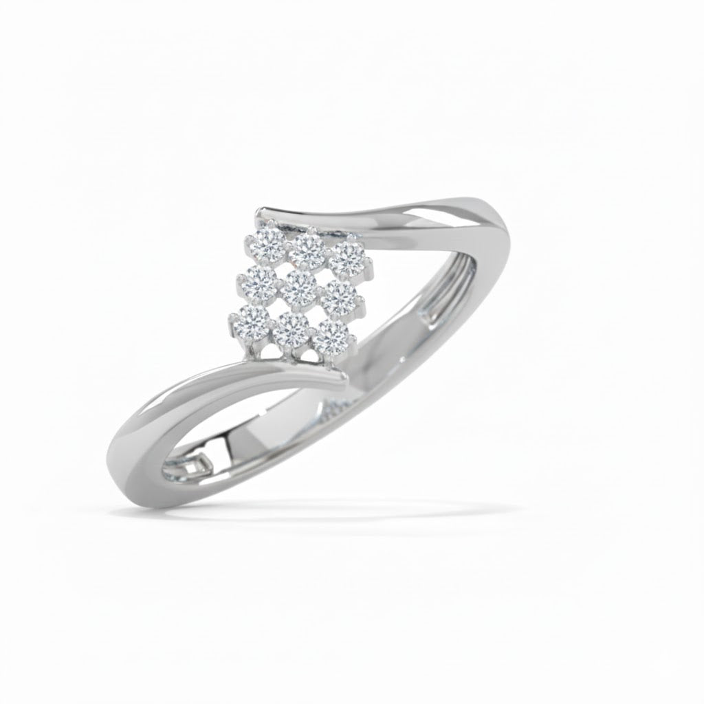 Silver ring with floral diamond design on a white background, lab grown diamond in hyderabad