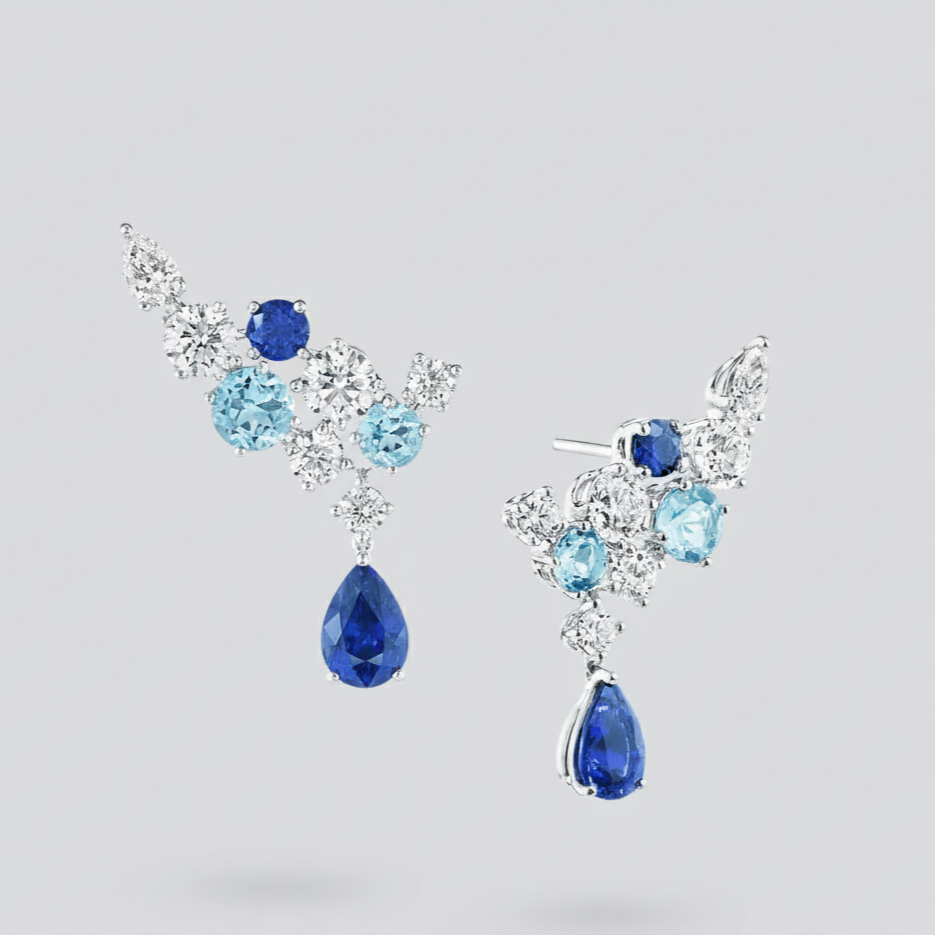 Sparkling Cluster Sapphire, Aquamarine and Diamond Earrings